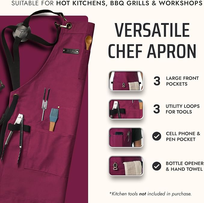 Asaya Chef and BBQ Apron with Bottle Opener and Hand Towel - 10oz Cotton Canvas - Image 2