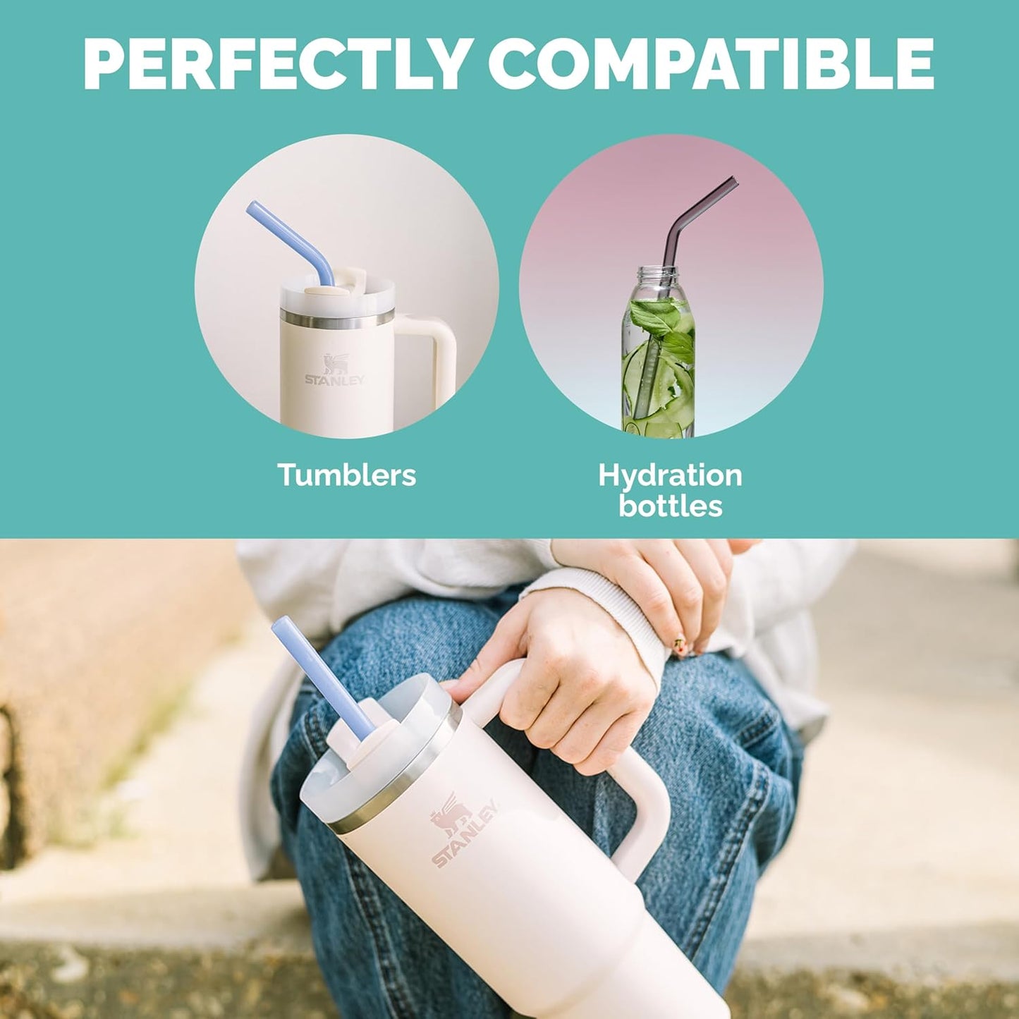 Simply Straws 12 Inch Glass Straws Straight (6-Pack) – Reusable Glass Straws for Stanley 40 Oz Tumbler, with Cleaning Brush – Durable, Dishwasher Safe, Hot & Cold Use, BPA-Free (Marble)