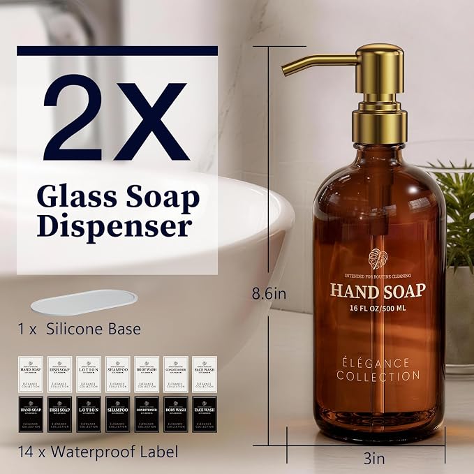 Amber Glass Soap Dispenser Set of 2, 16oz Hand and Dish Soap Dispenser - Image 8