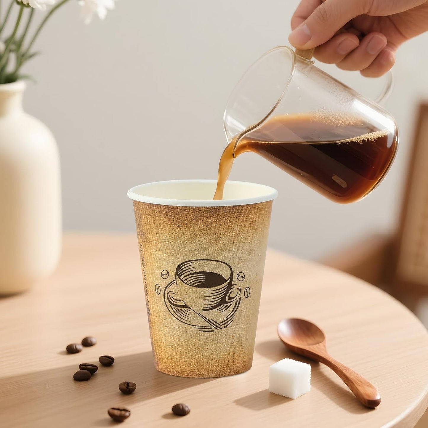 300 Pack 12oz Paper Coffee Cups, Hot/Cold Beverage 12oz Disposable Coffee Cups, Retro Design, Leak-Proof, Hot or Cold Drink, Cocoa, Chocolate, Coffee Bar Supplies