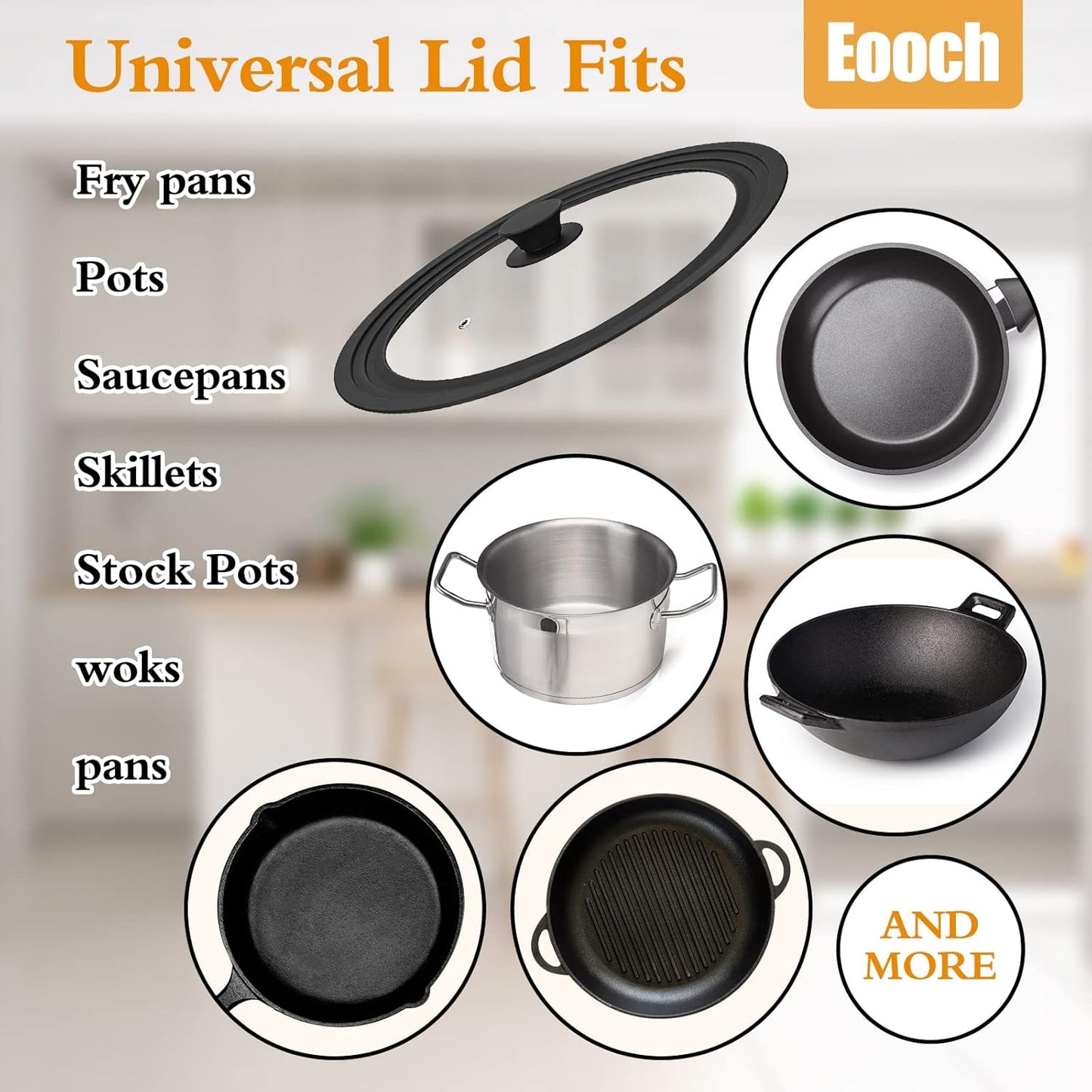 Universal Lid for Pots, Pans and Skillets Vented Tempered Glass with Heat Resistant Silicone Rim, Fits 8 inch, 8.5 inch, 9.5 inch Cookware, Replacement Lid, Black