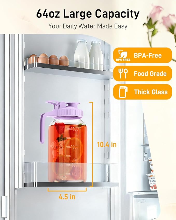 64 oz Glass Pitcher with Lid, Large Wide Mouth Mason Jar with Pour Spout - Image 2