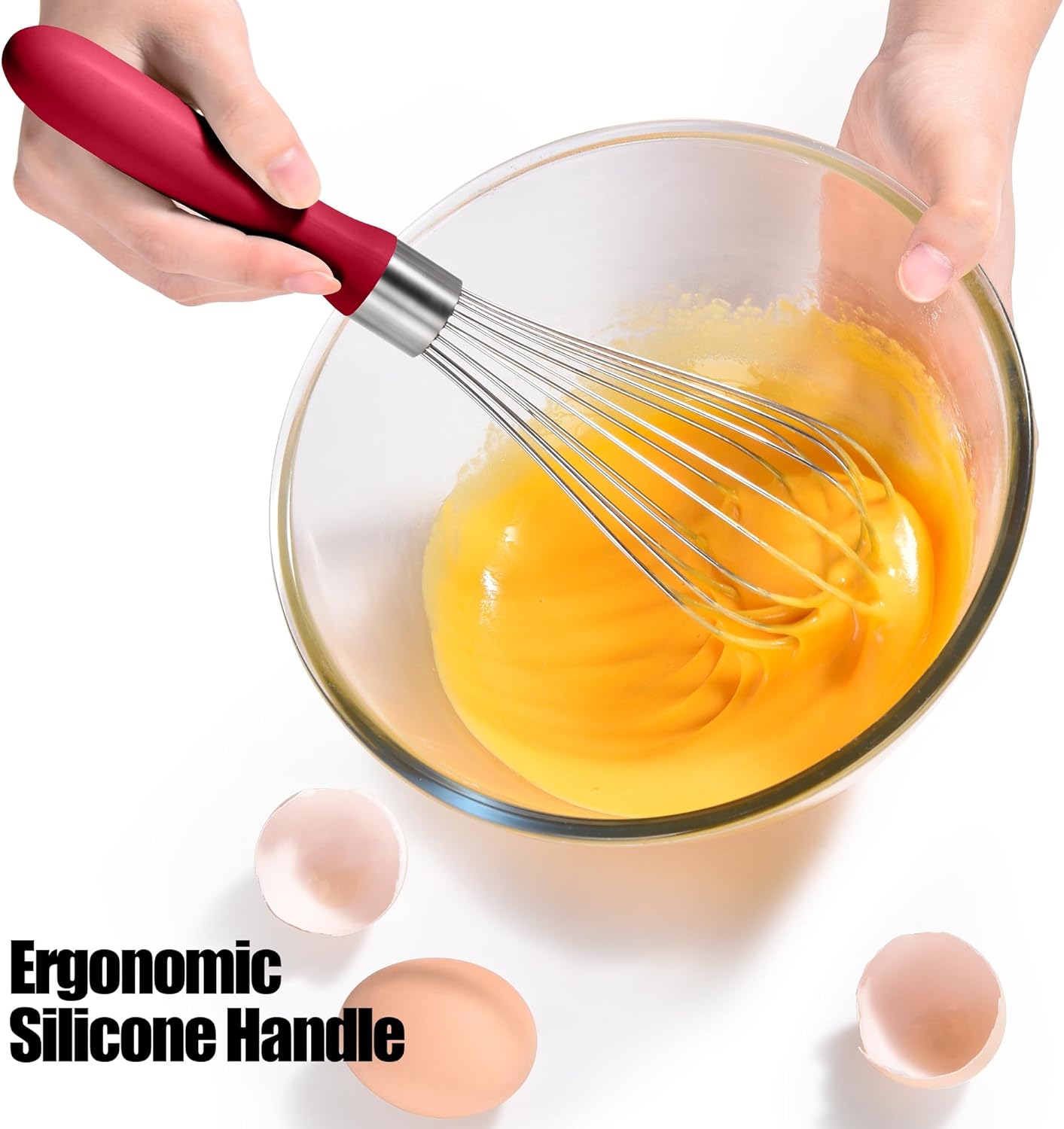 18/8 Stainless Steel Balloon Whisk, Doosu Kitchen Whisk for Cooking Handheld Egg Beater with Rust-Proof Sturdy Wires & Non-Slip Silicone Handle for Beating, Stirring, Blending (8 Wires, Red)