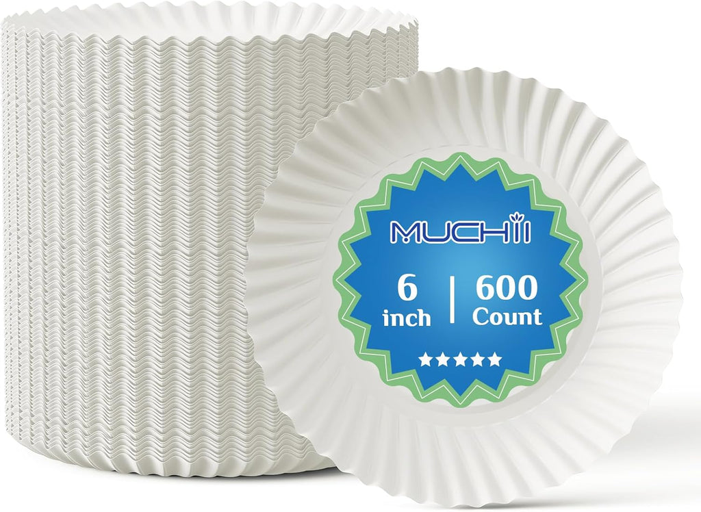 MUCHII 600 Count 6 Inch Paper Plates, White Uncoated Disposable Dessert Plates for Snacks, Cake, Candy