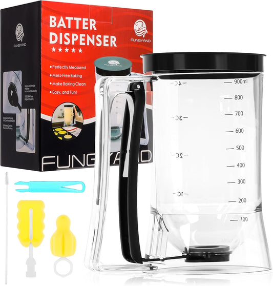 FUNGYAND Pancake Batter Dispenser, 900ML 4 Cups Capacity – Easy-Pour Tool for Pancakes, Cupcakes, Waffles, Muffins & More – Precise Baking with Squeeze Handle - Black