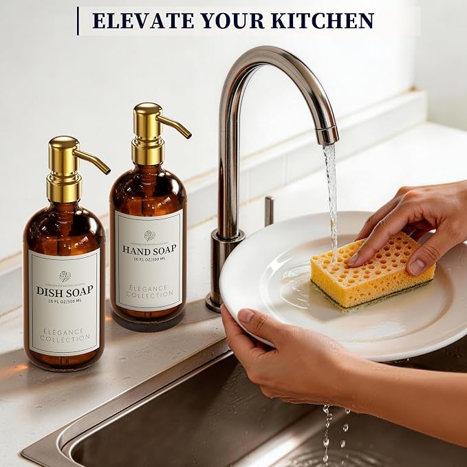 Amber Glass Soap Dispenser Set of 2, 16oz Hand and Dish Soap Dispenser - Image 6