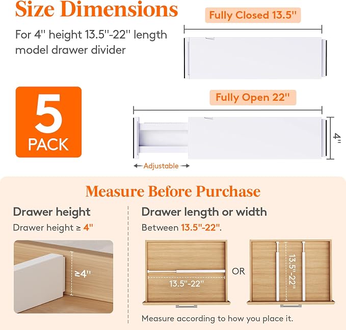 Lifewit 5 Pack 4" High Drawer Dividers 34-56cm/13.5-22" Adjustable Drawer - Image 2