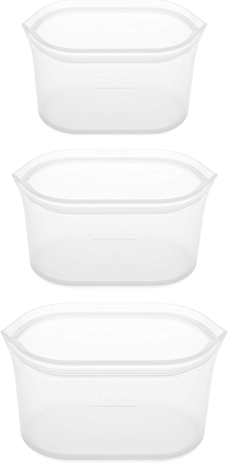 Zip Top Reusable Food Storage Bags | 3 Dish Set [Frost] | Silicone Meal Prep Container | Microwave, Dishwasher and Freezer Safe | Made in the USA