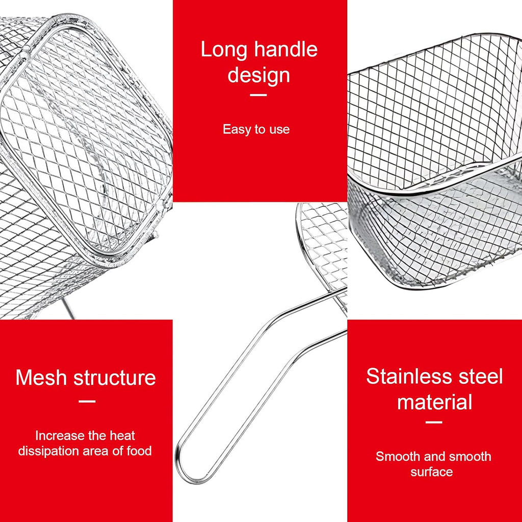 8 Pcs Mini Square Fry Baskets, 4.13×3.3×2.5inch Stainless Steel Fry Basket with Handle Steel French Fry Chip Basket French Fries Desk Food Presentation Mesh Basket Kitchen Cooking Tool