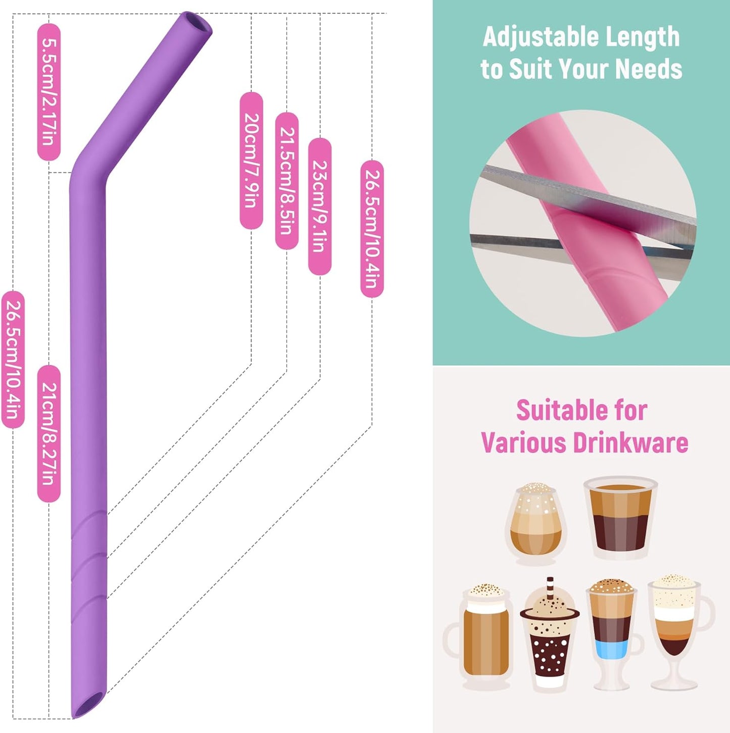NiHome 6PCS Extra Wide Reusable Bent Silicone Straws for Boba, Smoothies, Bubble Tea, Eco-Friendly Bent Straws for Thick Drinks, Child-Safe, Customizable Length, 2 Brushes for Cleaning (Girl Colors)