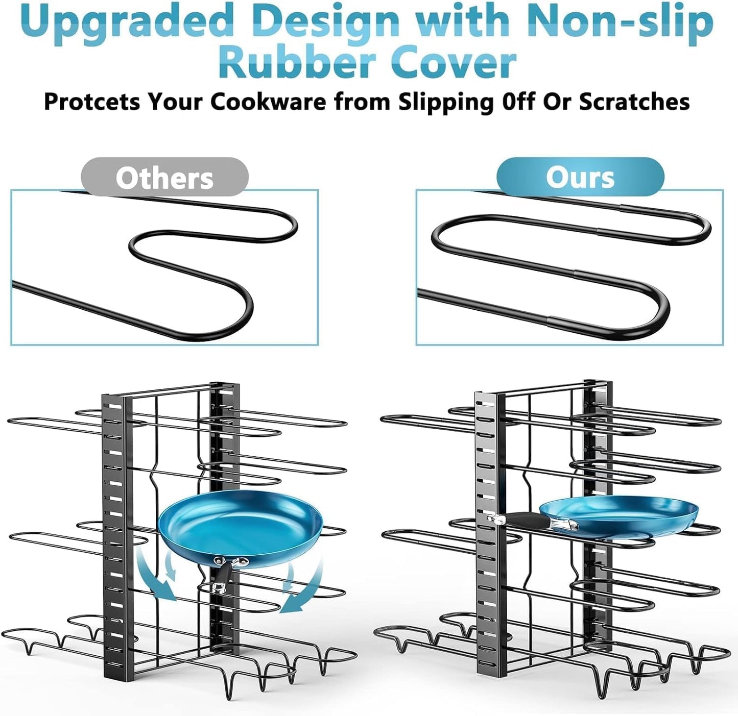ORDORA Pots and Pans Organizer for Cabinet 16.61'' Height, 8 Tier Pot Organizers Rack with 3 DIY Methods, Adjustable Pan Organizer under Cabinet Kitchen Organization and Storage
