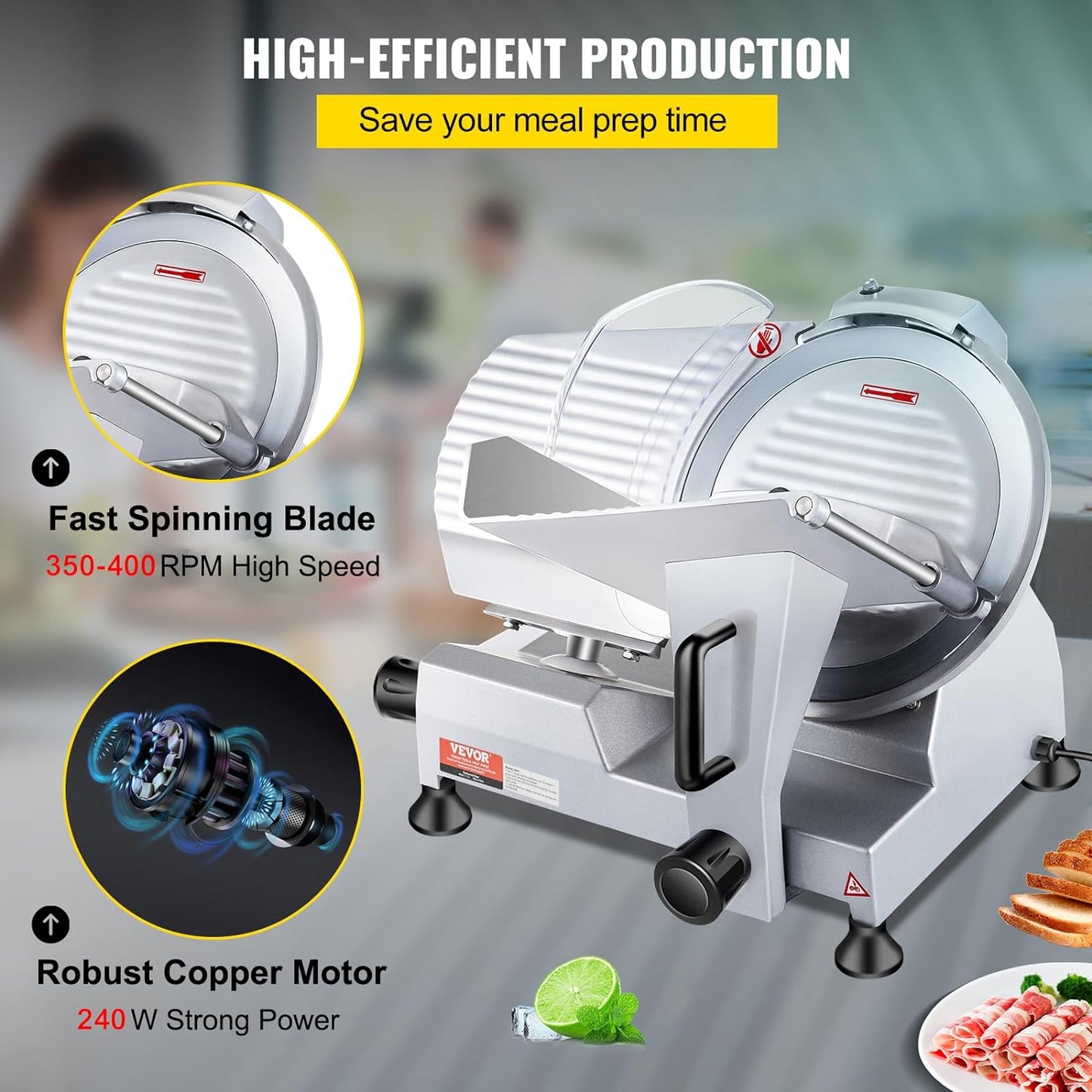 VEVOR Commercial Meat Slicer, 10 inch Electric Food Slicer, 240W Frozen Meat Deli Slicer, Premium Chromium-plated Steel Blade Semi-Auto Meat Slicer For Commercial and Home use