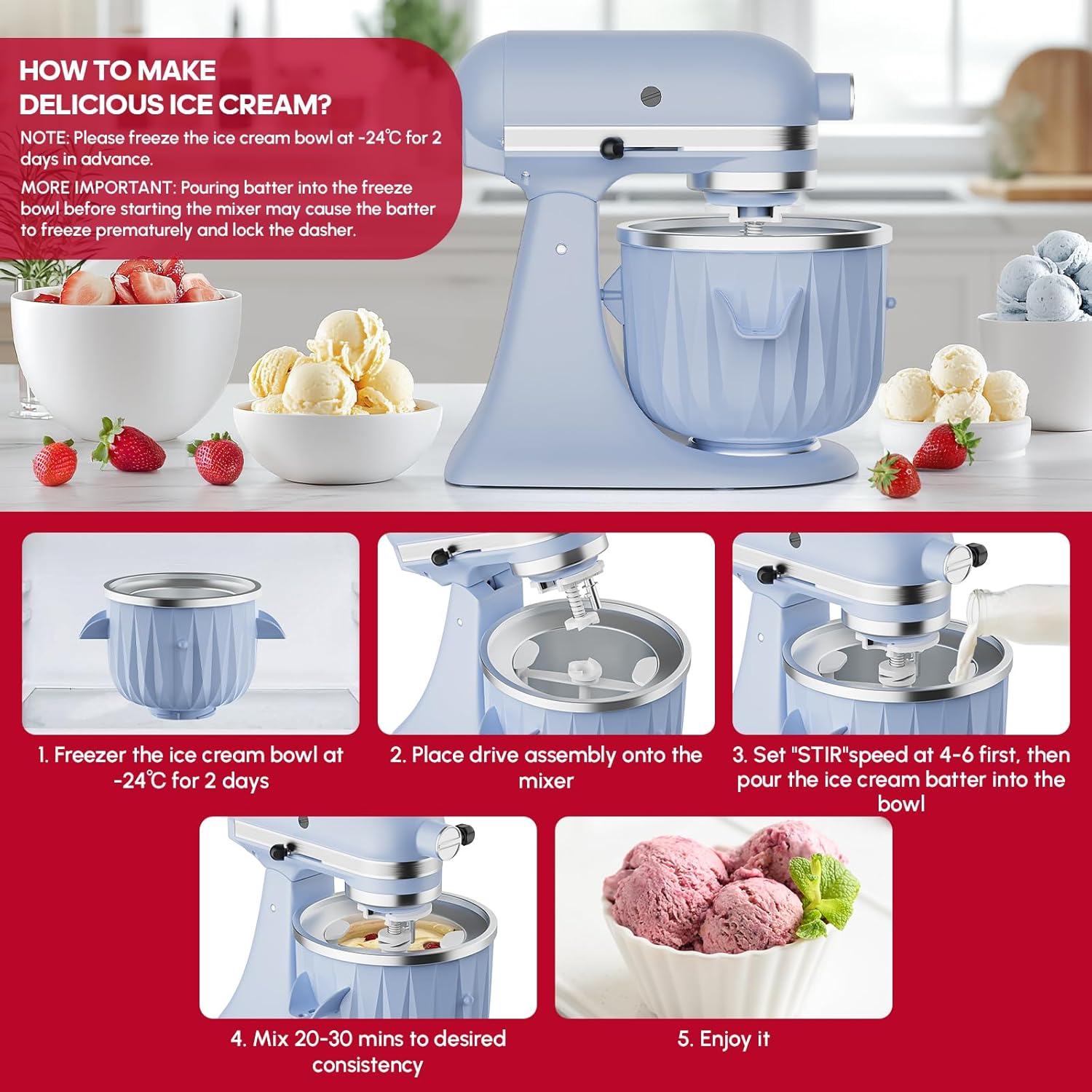 InnoMoon Ice Cream Maker Attachment for KitchenAid Stand Mixer, Compatible for Kitchenaid 4.5QT/5QT/6QT/7QT Stand Mixer, 2-Quart Frozen Yogurt, Sorbet Gelato Maker, Kitchen aid Ice Cream Maker (Blue)