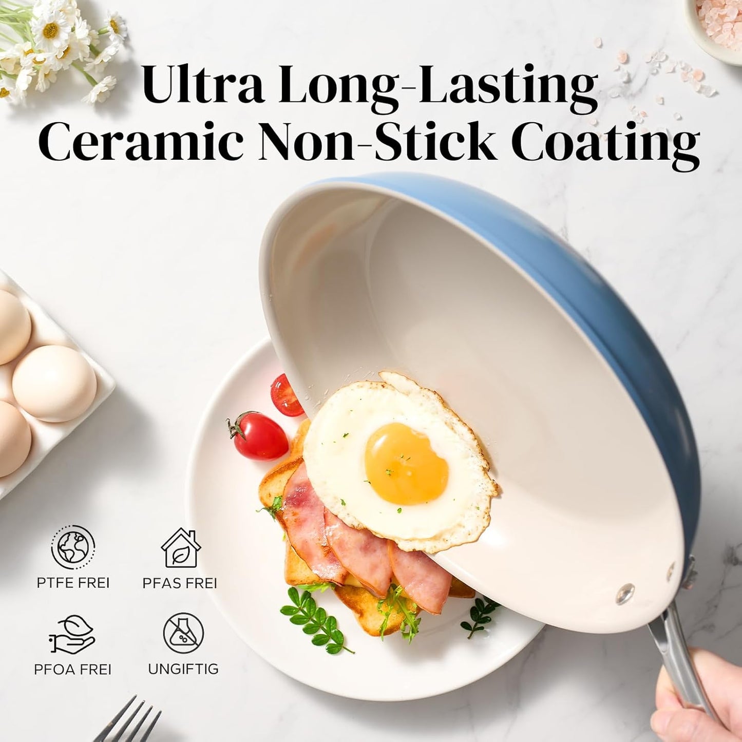 Redchef Nonstick Frying Pan Skillet, Ceramic Non-Stick Saute Pans, 11 inch Cooking Fry Pan with Stay Cool Handle, All Stovetops (Gas, Electric & Induction), Dishwasher/Oven Safe, PFAS-Free (Blue)