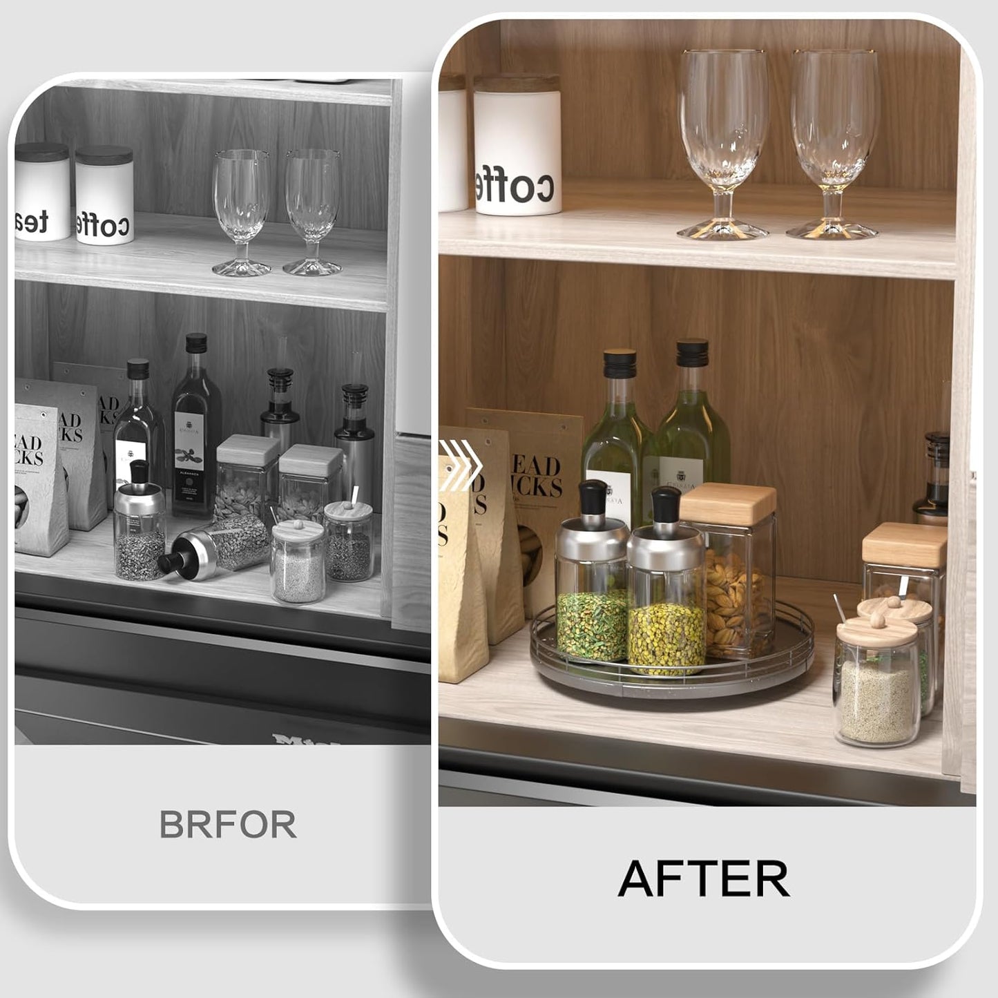 10" Silver Lazy Susan for Table Top, Oak Wood Lazy Susan Turntable Organizer for Dining Coffee Table Centerpiece Bar Decor Kitchen Countertop Bathroom Vanity Decorative Tray for Perfume Jewelry Round