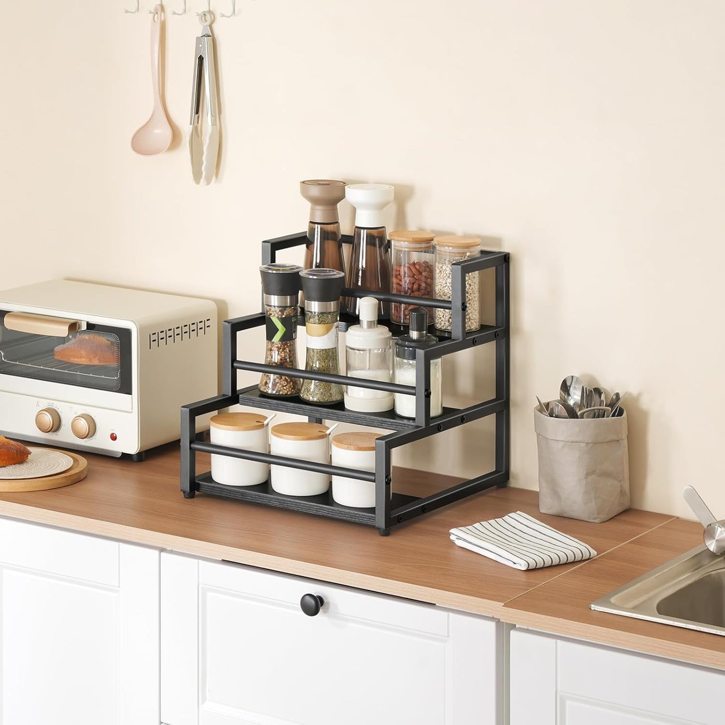 HOOBRO Coffee Syrup Rack Organizer, 3-Tier 12-Bottle Syrup Holder Stand for Coffee Bar, Wine Rack Countertop Storage Rack for Syrup, Wine, for Kitchen Coffee Station, Black BB38JJ01