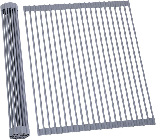 Ohuhu Sink Drying Rack, 20.5" W x 16.1" L Over The Sink Roll-Up Dish Drainer - Rolling Foldable Accessories Heat-Resistant Mat Anti-Slip Silicone Coated Multipurpose for Kitchen Counter
