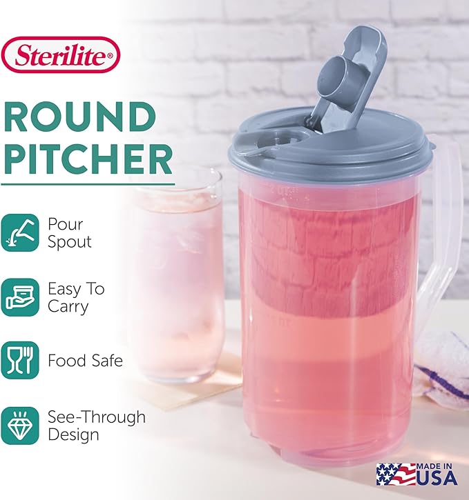 Sterilite 2 Quart Clear Round Plastic Pitcher, Dishwasher Proof - Image 2