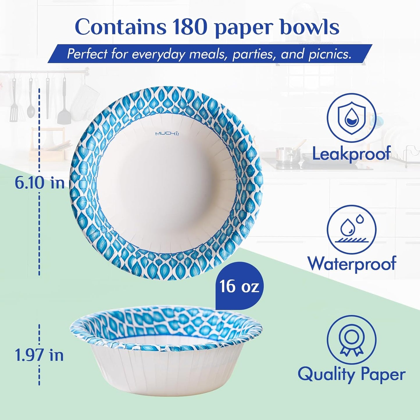 MUCHII 180 Count Paper Bowls 16 oz, Printed Soak Proof Disposable Bowls Bulk for Breakfast, Lunch, and Dinner Meals