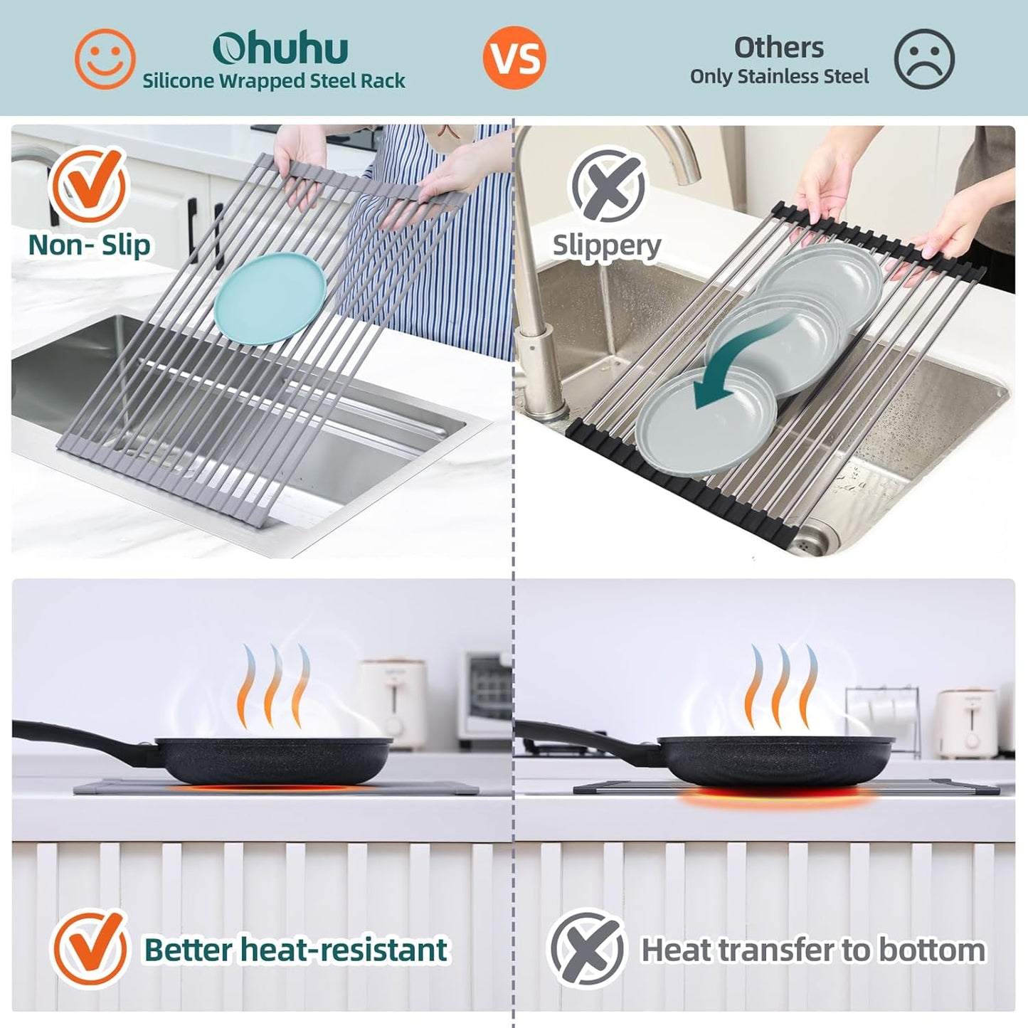 Ohuhu Dish Drying Rack Over The Sink, Roll Up Sink Rack 20.5" W x 13.1" L Rolling Dish Drainer Foldable Accessories Heat-Resistant Mat Anti-Slip Silicone Coated for Kitchen Counter
