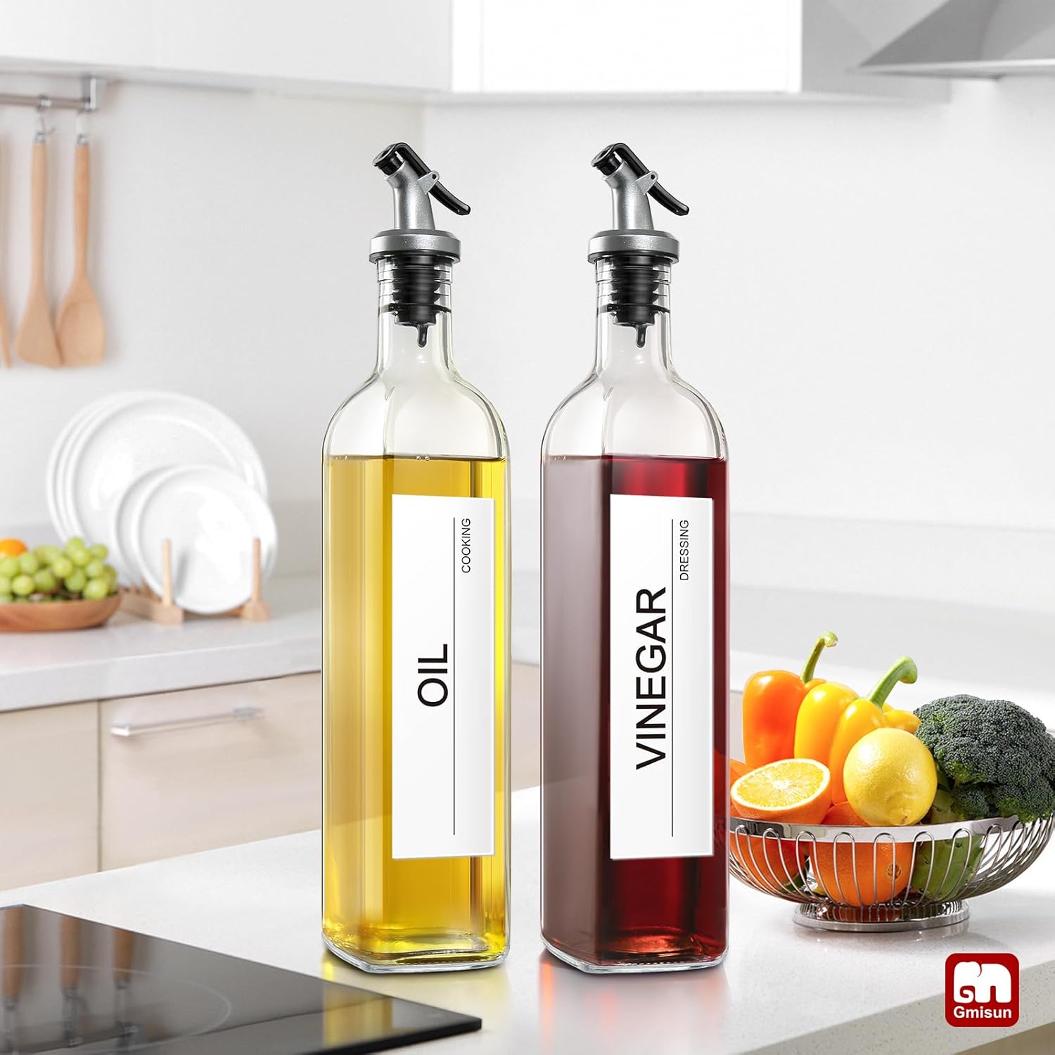 GMISUN Olive Oil Dispenser for Kitchen 8 Pack, Glass Oil Dispenser Bottle 17oz, Cooking Soy Sauce Bottle Container Cruet with Plastic Pourer Spout, Funnel and Labels, Clear