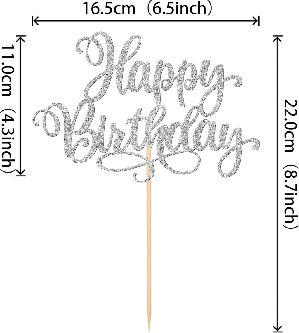 ZHUOWEISM 1 PCS Happy Birthday Cake Topper Glitter Happy Birthday Cake Pick for Celebrating Happy Birthday Anniversary Party Cake Decorations Supplies Silver