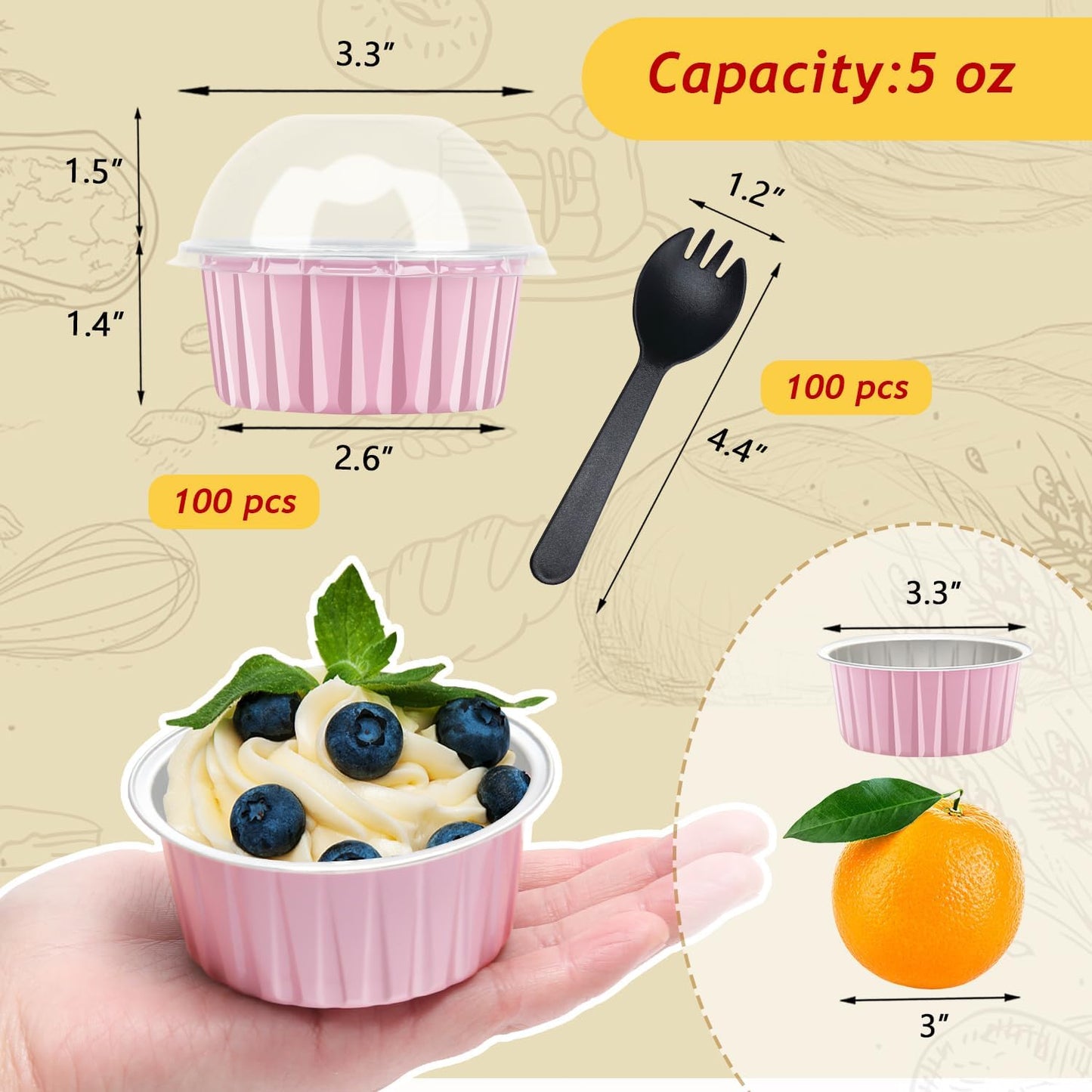 LNYZQUS 5oz Cupcake Pans with Dome Lids 100 Pack, Aluminum Foil Small Cake Baking Tin,Disposable Ramekins Cupcake Baking Cups Containers,Mini Pie Pans Muffin Tins Jumbo Cupcake Liners-Pink
