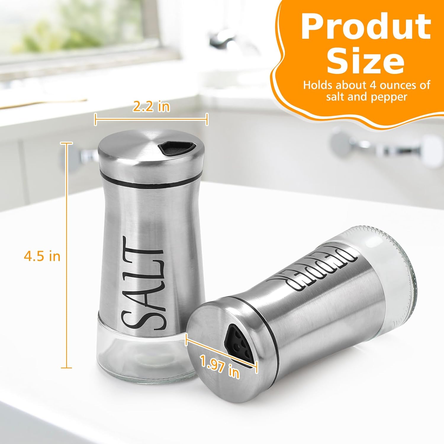 Accmor Salt and Pepper Shakers with Adjustable Pour Hole, Stainless Steel Salt Pepper Shaker Dispenser with Glass Bottom for Kitchen Cooking, RV, Camp, BBQ