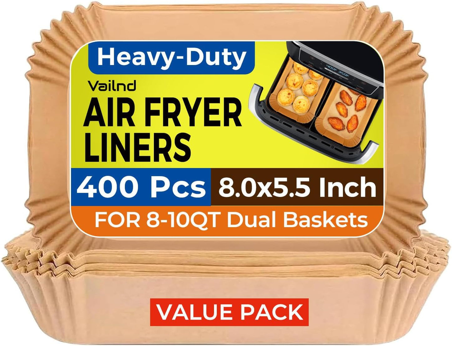 400Pcs Air Fryer Liners Disposable for Dual Basket, 8x5.5 Inch Parchment Paper Sheets, Rectangular Baking Liners for Ninja DZ201 DZ401, Chefman/COSORI 2-Basket Air Fryer, Oil Proof & Non-Stick