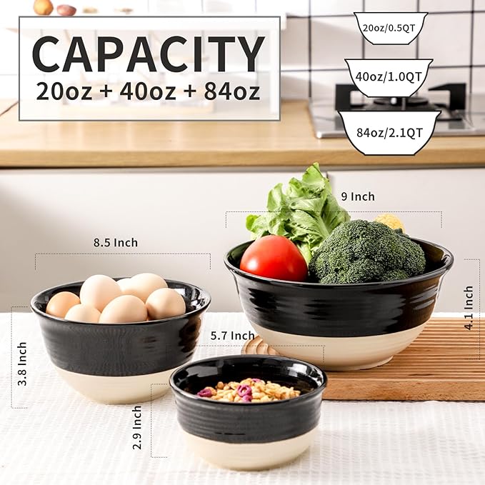 HASENSE Ceramic Mixing Bowls Set of 3, 84/40/20 Oz Black & Beige Stoneware Bowls - Image 3