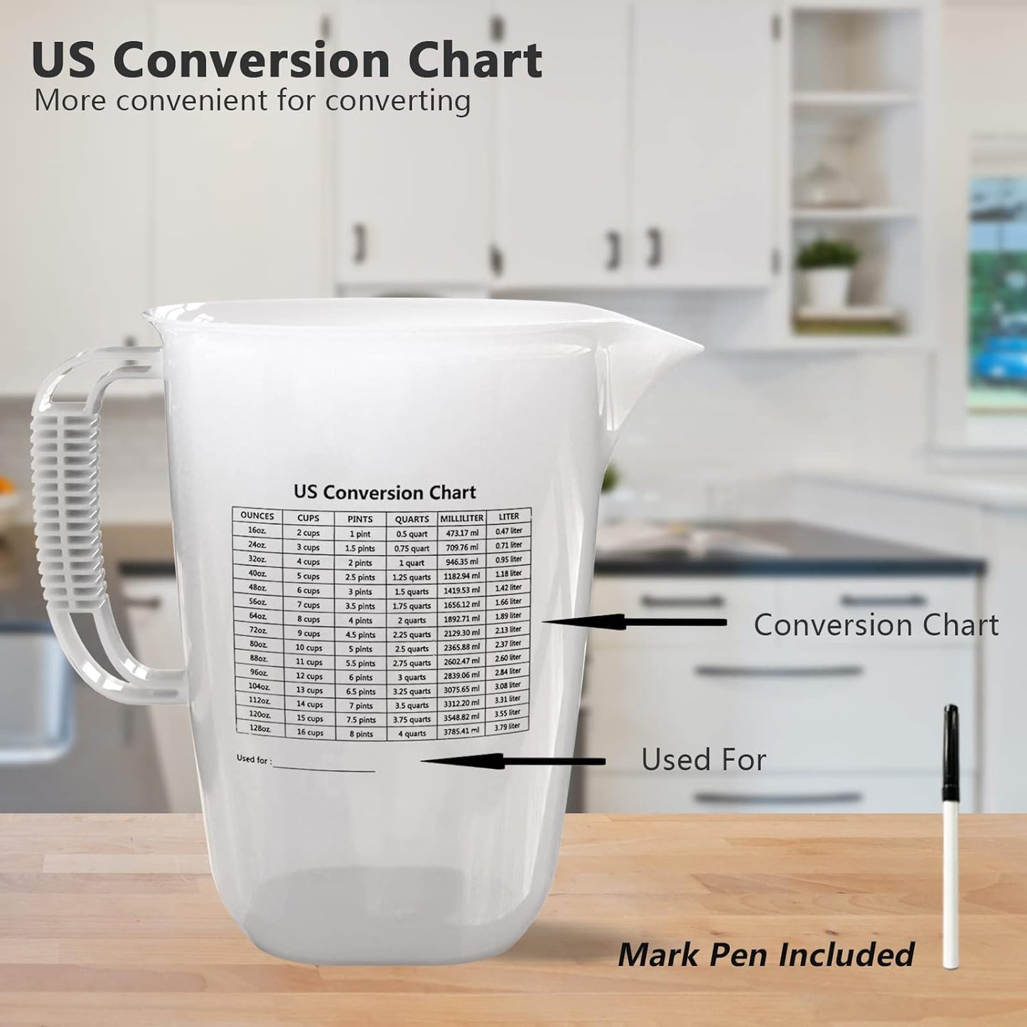 1 Gallon Measuring Pitcher, 134oz Extra Large Measure Pitcher-Convenient Conversion Chart-Strong Handle, Heat Resistant Plastic 1 Gallon Measuring Container for Pool Chemicals,Motor Oil, Lawn and Cook