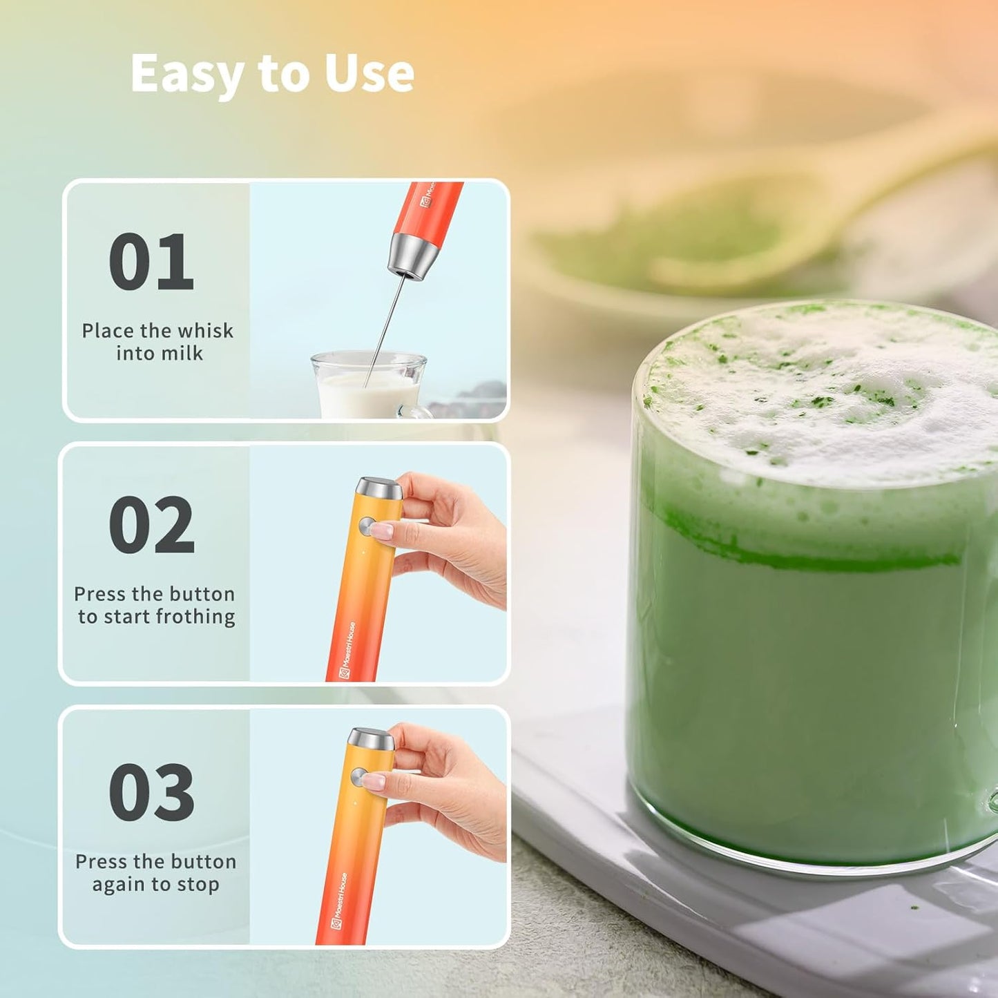 Maestri House Rechargeable Milk Frother with Stand, LunaFro Handheld Electric Foam Maker Waterproof Detachable Stainless Steel Whisk Drink Mixer Foamer for Lattes, Cappuccino