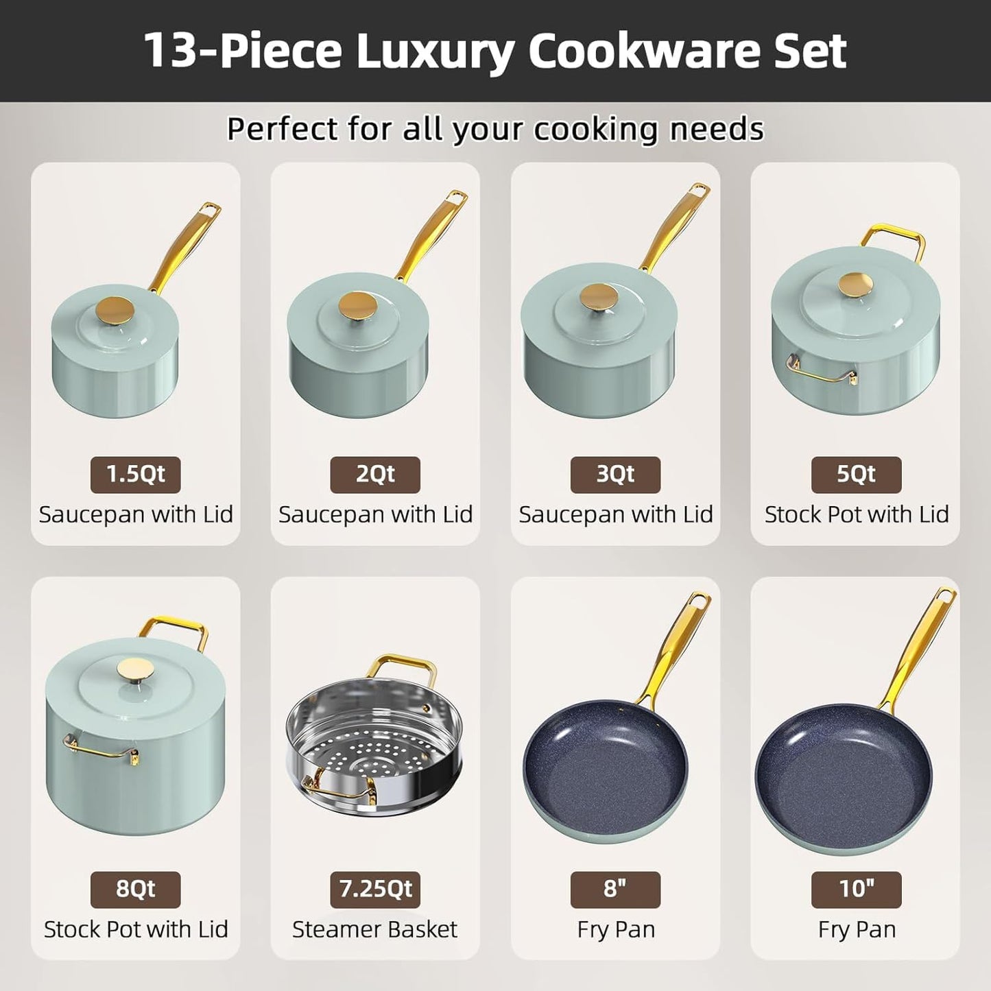 Nuwave Lux LE 13-Pc Cookware Set with Elegant Gold Handle, Diamond Infused Ceramic Non-Stick, PFAS Free, Premium Metal Lids, Ergonomic Stay-Cool Handles, Induction Ready & Compatible w/All Cooktops