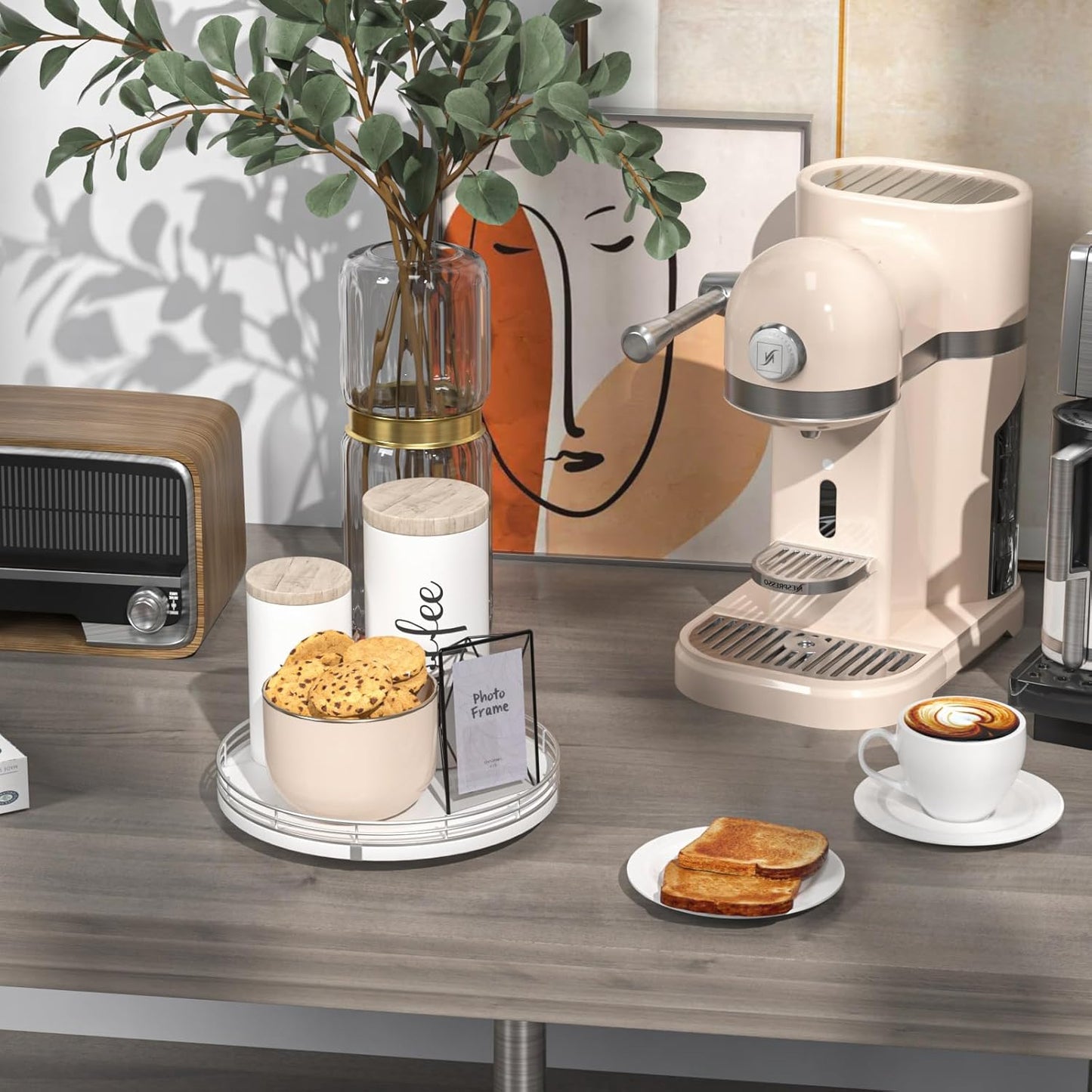 9" Oak Wood Lazy Susan Organizer, Lazy Susan for Cabinet Dining Table Pantry Wood Turntable Organizer Tray for Coffee Table Kitchen Countertop Salt Pepper Spice Organization and Storage Round Silver