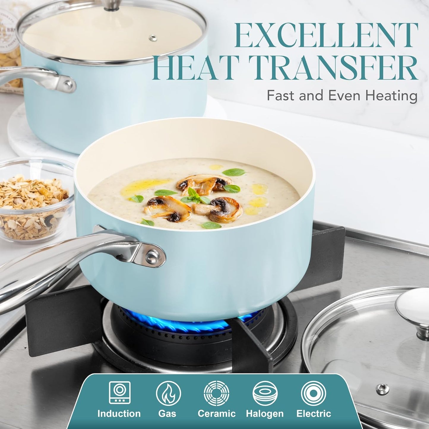 MICHELANGELO 3 Quart Saucepan with Lid - Non Toxic Sauce Pan with Nonstick Ceramic Coating, Scratch-Resistant, Induction Saucepan Suitable for All Stovetops, Light Blue