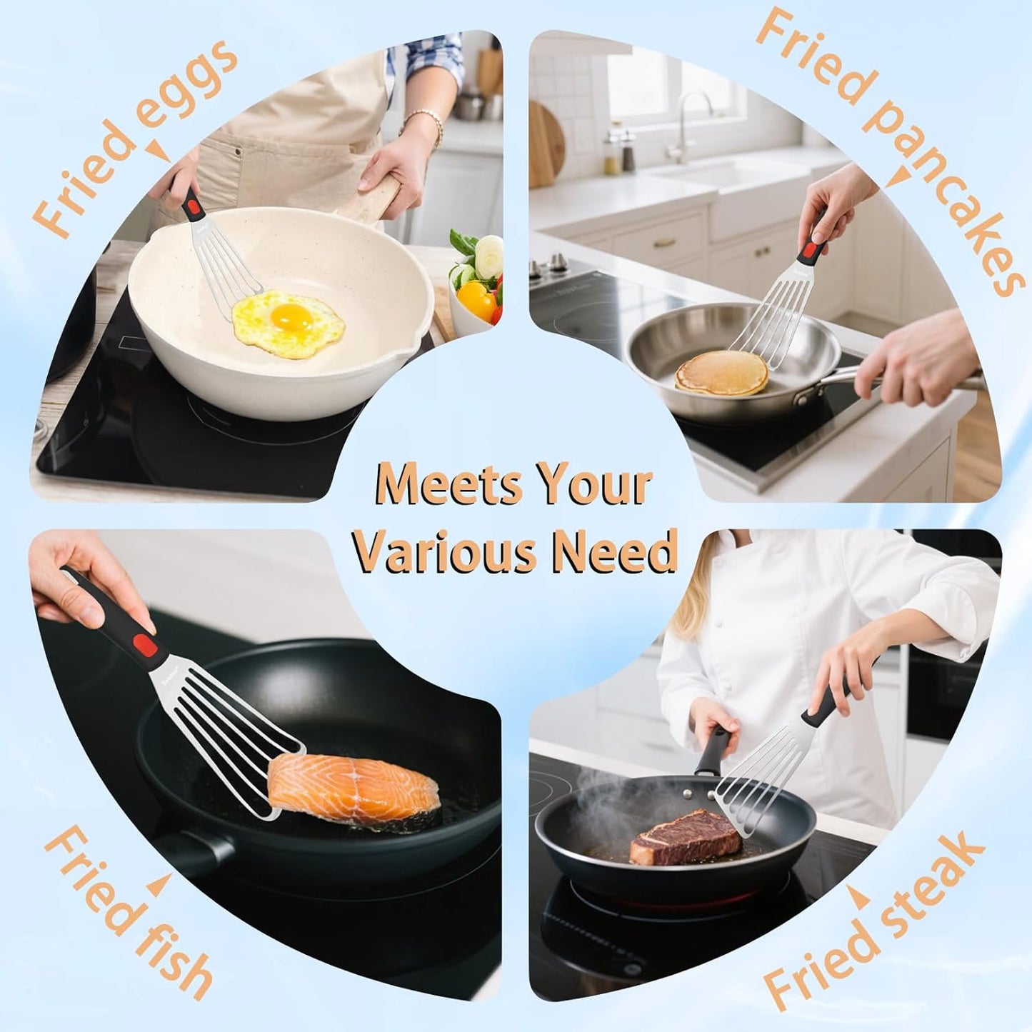 Fish Spatula Stainless Steel, Flexible Metal Spatulas with Silicone Handle, Slotted Turner for Kitchen, Cooking, Grilling, Flipping, Turning, Egg, Pancake and Burger (Small and Large)