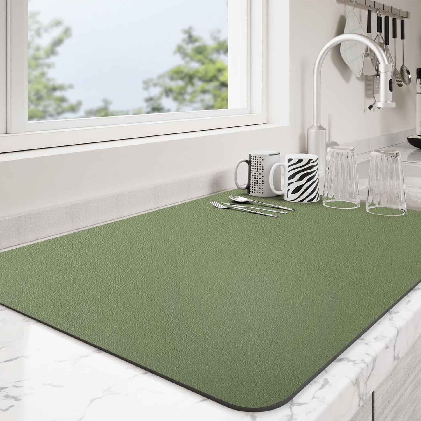 Dish Drying Mat for Kitchen Counter | Coffee Bar Mat for Countertops | Heat Resistant Drainer Mat with Non-slip Rubber Backed | Hide Stain Kitchen Absorbent Draining Mat | Green 16"x20"