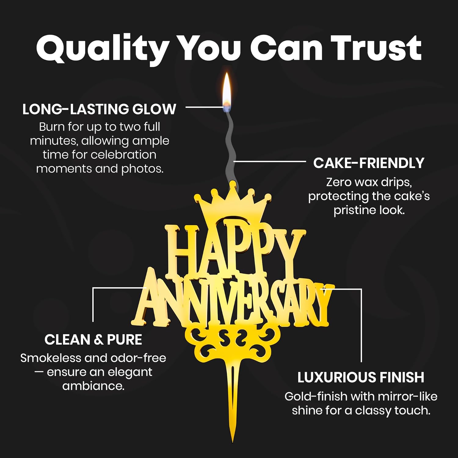 Happy Anniversary Reusable Gold Romantic Cake Candle - Luxury Cake Topper Candle for Birthdays, Weddings & Anniversaries - Reusable Food Safe Acrylic, Shiny Mirror Finish - Birthday Cake Topper