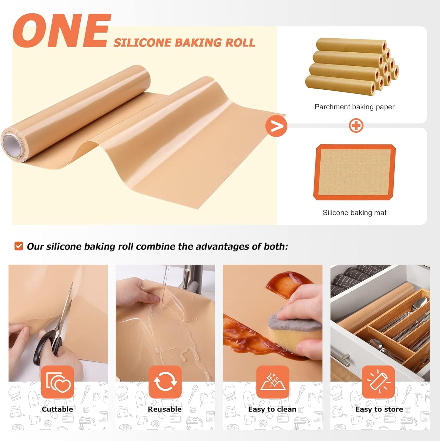 Silicone Baking Mat Roll - Best German Silicone - Non-slip Silicone Pastry Mat, Non-Stick Reusable Air Fryer Linner, Counter Mat, Oven Liner, Freeze Dryer Mat - 12IN x 13.3FT