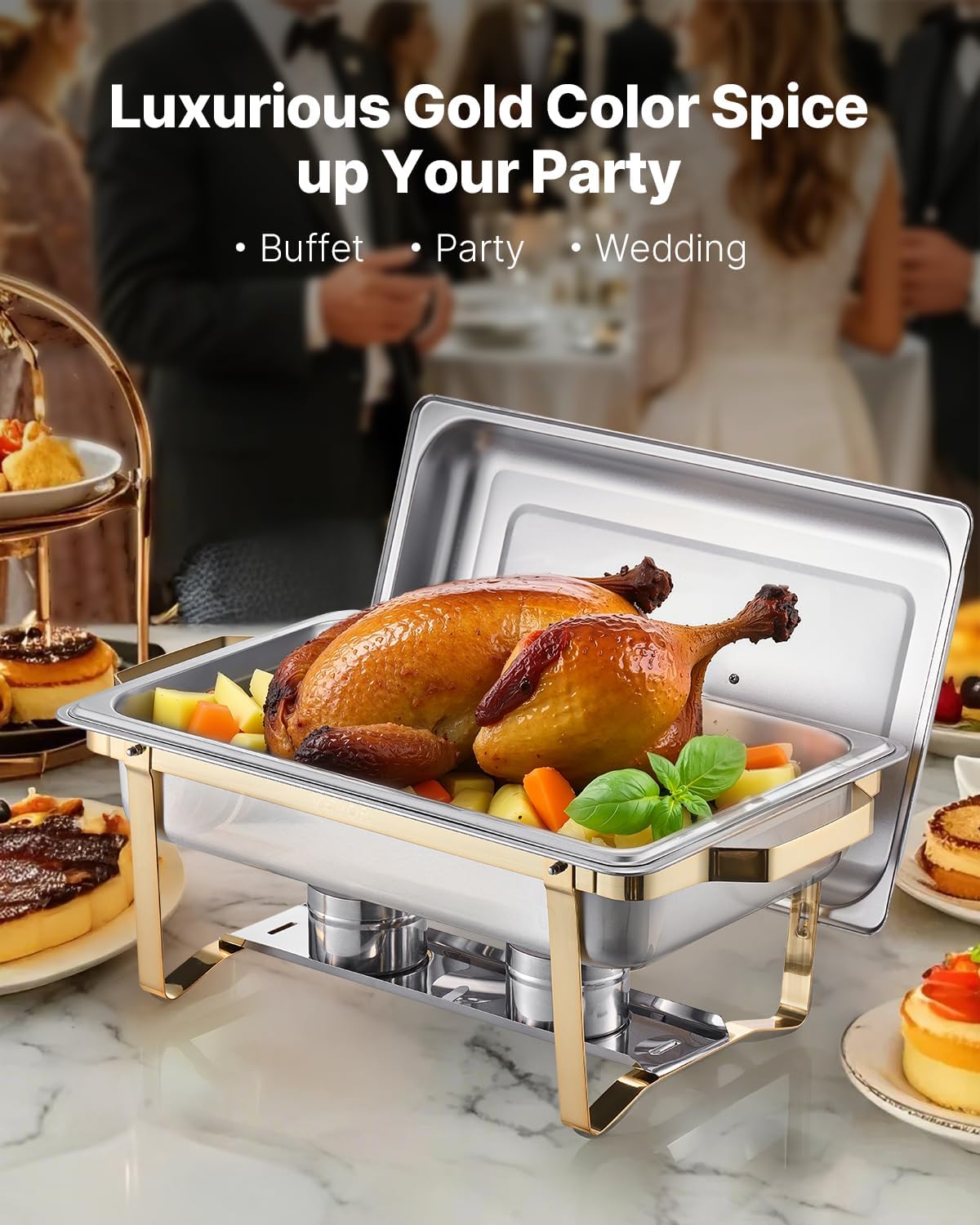 VEVOR Chafing Dish Buffet Set, 8 Qt 4 Pack, Stainless Steel Chafer with 2 Full Size and 4 Half Size Pans, Rectangle Catering Warmer Server with Lid Water Pan Stand, for Weddings Parties Banquets, Gold