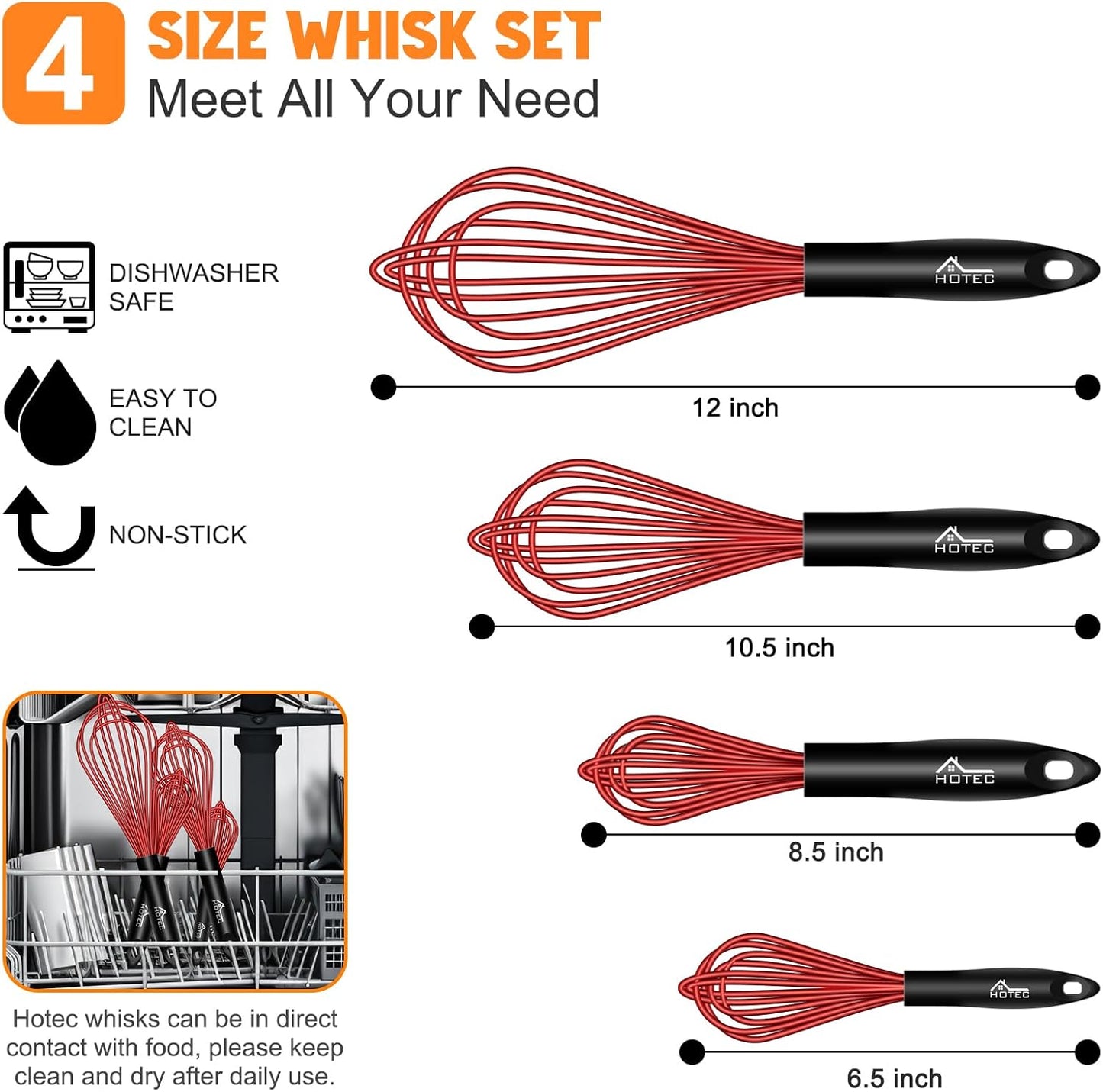HOTEC 4 Pieces Silicone Whisks Set, Wire Balloon Whisks Egg Beater, Non-slip Handle Whisk for Non-stick Cookware Perfect for Cooking, Stirring, Beating and Blending (Red)