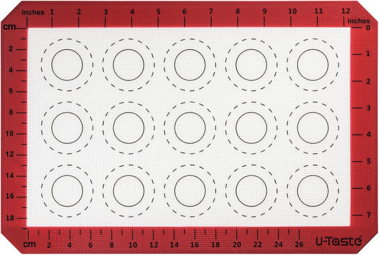 446ºF Heat Resistant Macaron Mat: U-Taste 14.17x9.44in Non Stick Silicone Baking Mat, Reusable Cookies Pastry Sheet Liner with Edge Enhancement & Circle Measurement for Cake Pan (Red)