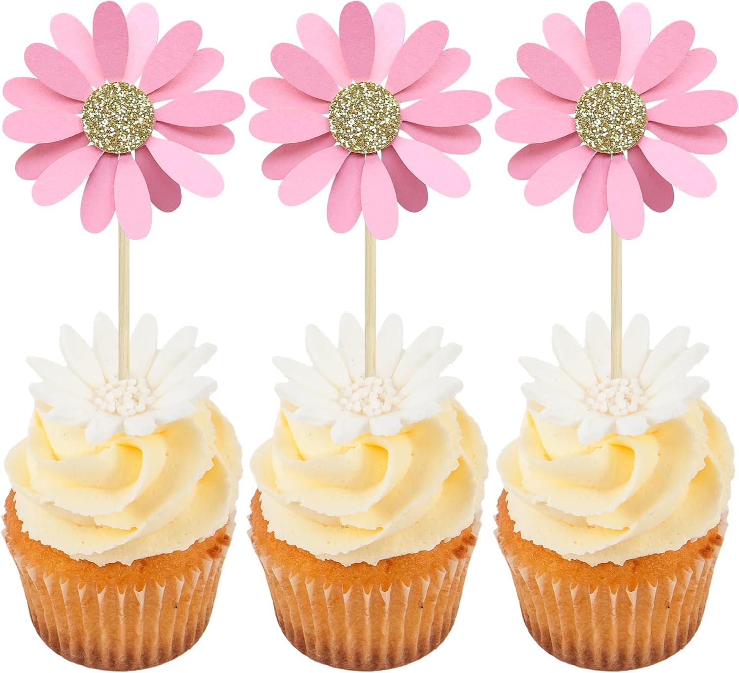 24Pcs Daisy Cupcake Toppers Flower Cake Topper Decorations Daisy Cake Decorations Chrysanthemum Cupcake Toppers Spring Daisy Flower Cake Picks for Birthday Wedding Supplies Light Pink