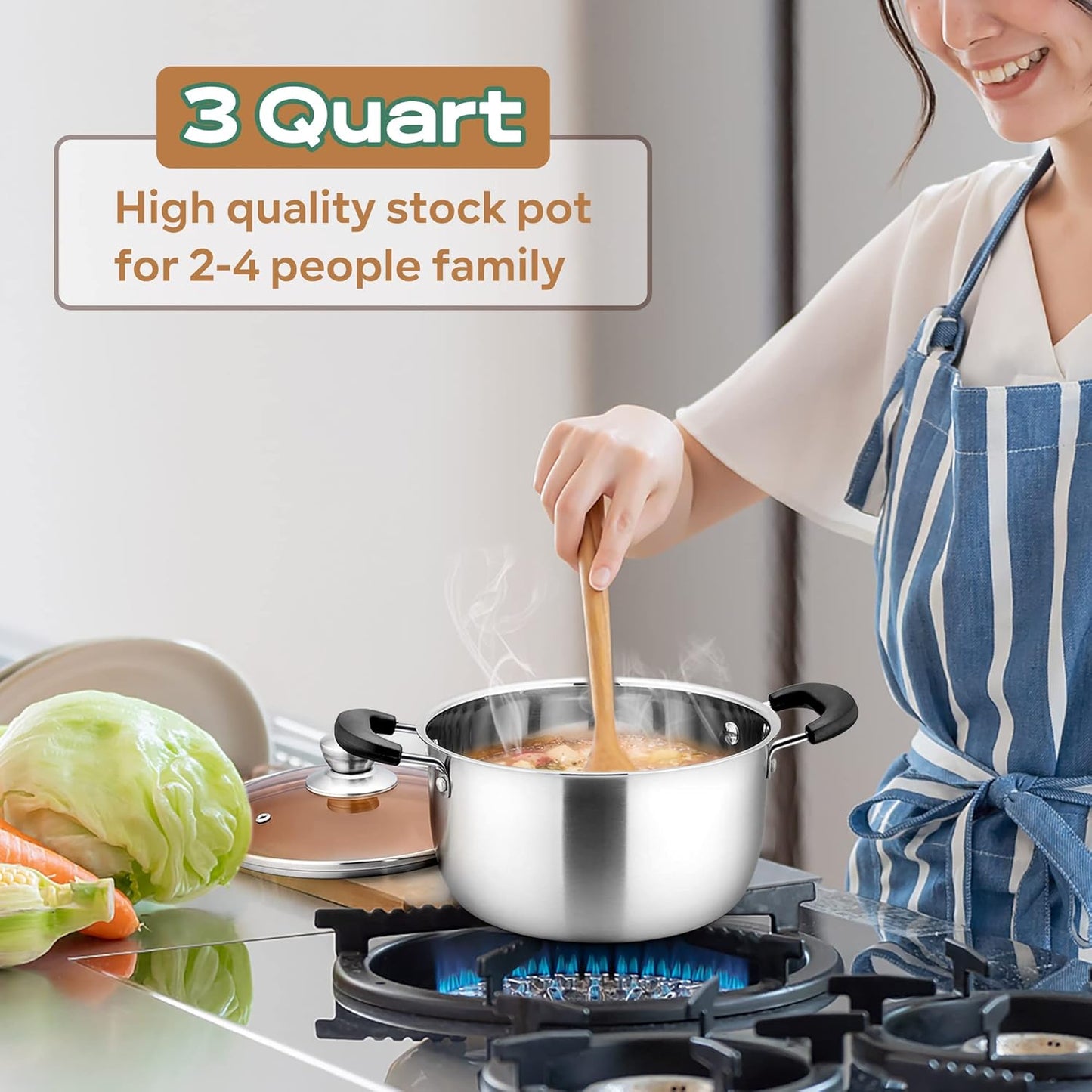 LIANYU 3QT Stainless Steel Stock Pot, Cooking Soup Pot with Lid, Heavy Duty Pasta Stockpot for Strew Simmer Boiling, Heat-proof Handle, Dishwasher Safe