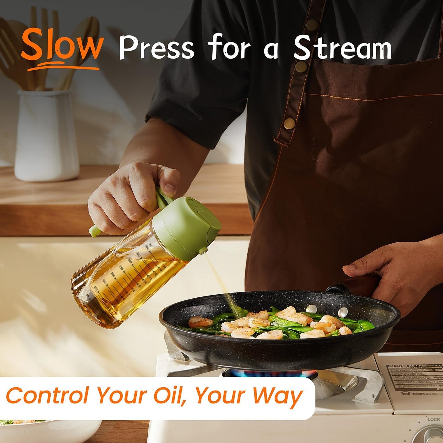 TrendPlain 16oz/470ml Glass Olive Oil Sprayer for Cooking – 2 in 1 Olive Oil Dispenser Bottle for Kitchen Gadgets and Air Fryer Accessories, Salad, BBQ - Black & Green