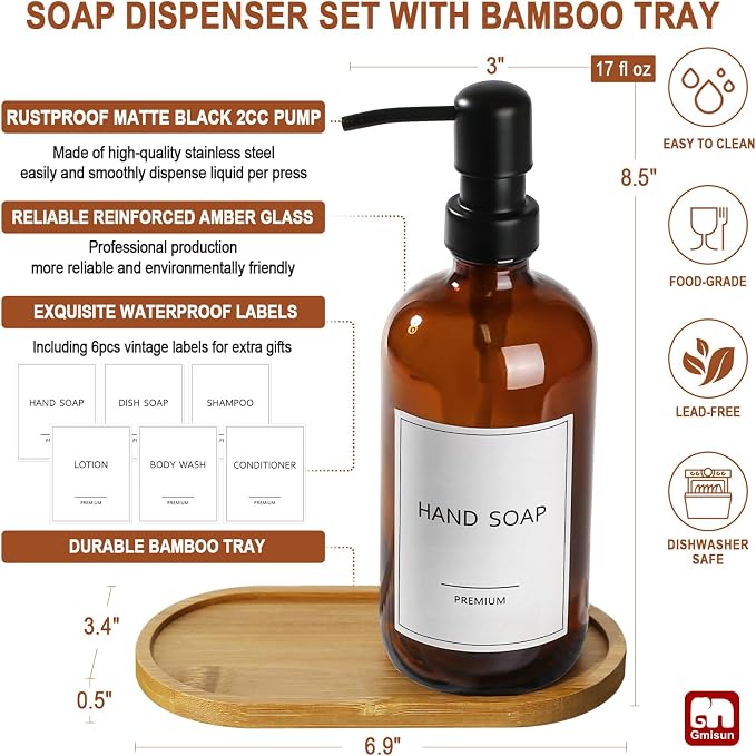 GMISUN Amber Glass Soap Dispenser, 2 Pack Bathroom Hand Soap Dispensers - Image 3