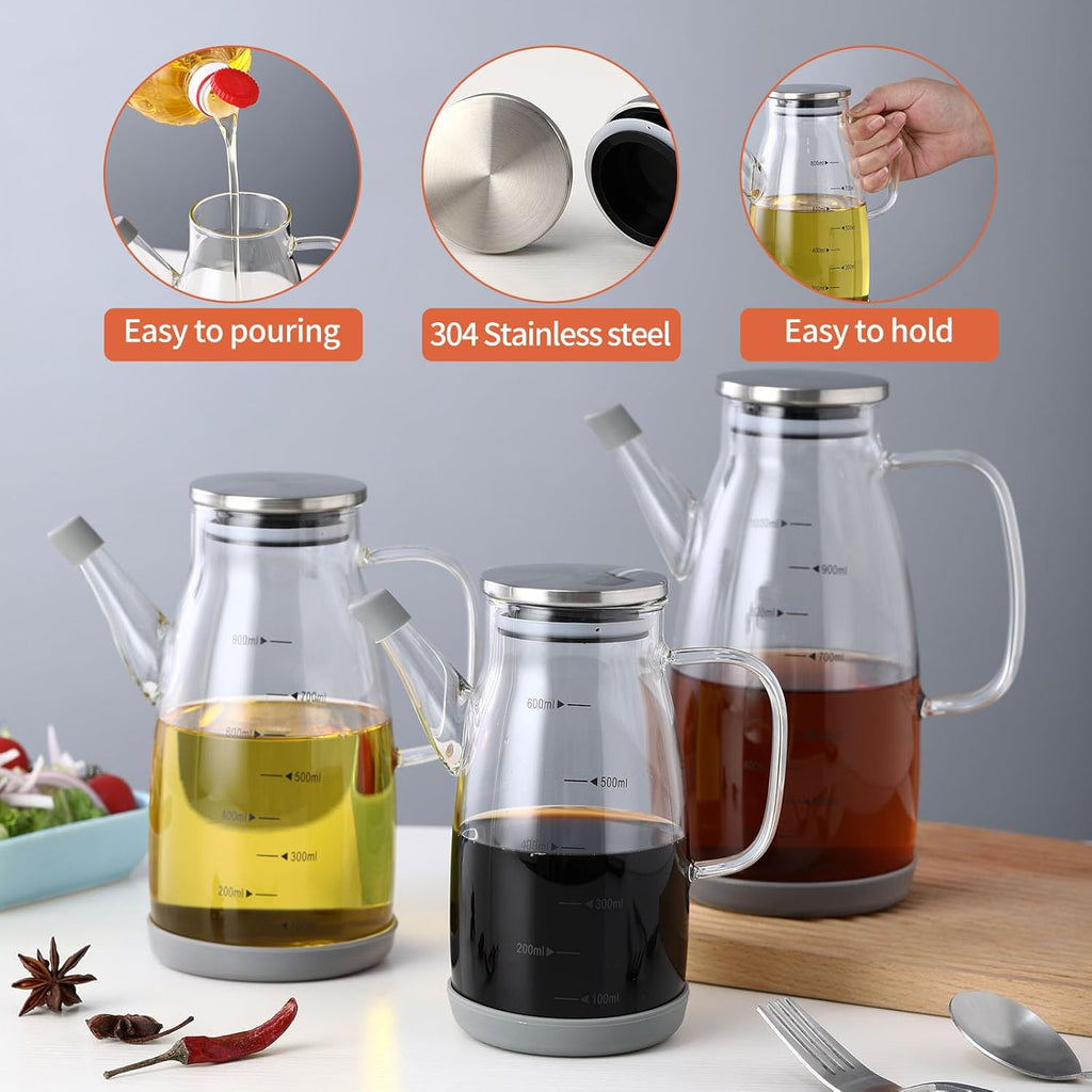 Large Glass Oil Dispenser Bottle for Kitchen Cooking Recipiente Para Aceite De Cocina Olive Oil Vinegar Dispenser Cruet Stainless Steel Lid No Drip Liquid Container (Clear, 34oz /1000ml)