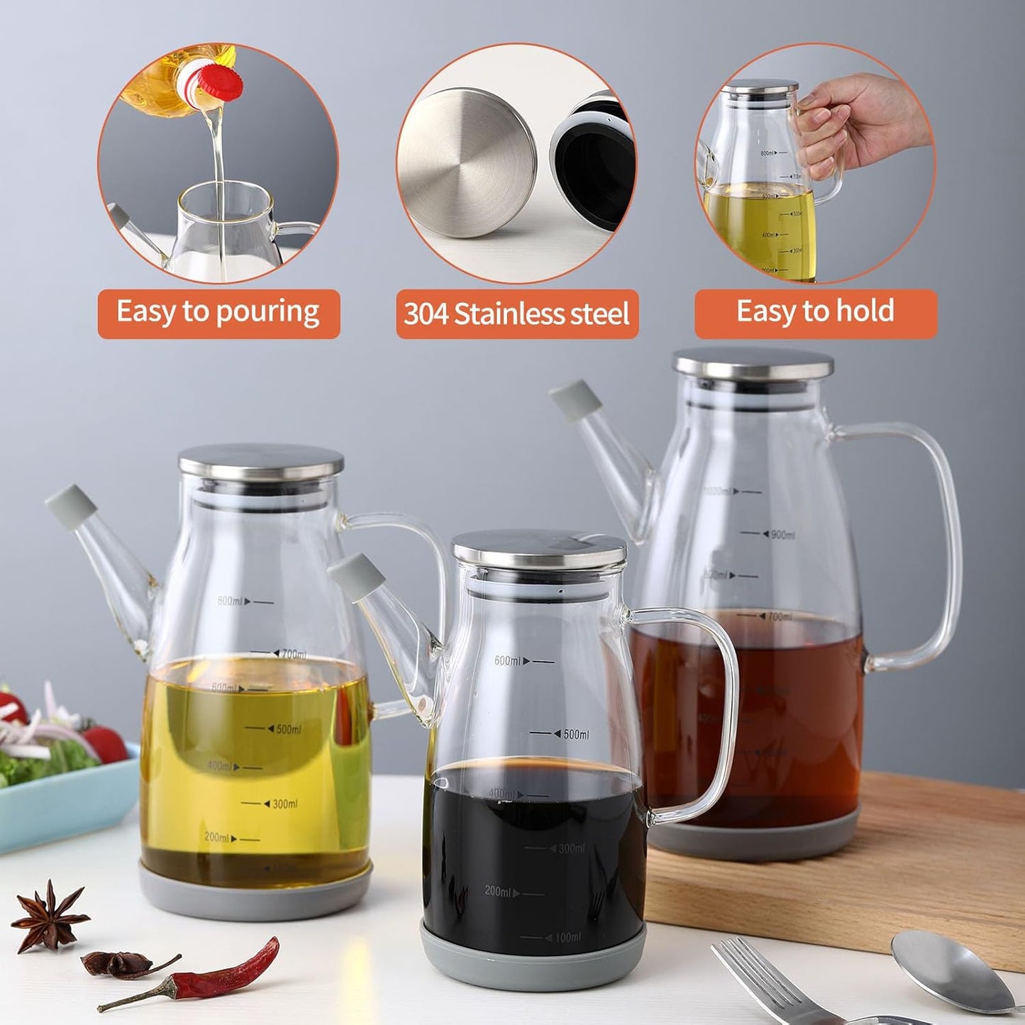 Large Glass Oil Dispenser Bottle for Kitchen Cooking Recipiente Para Aceite De Cocina Olive Oil Vinegar Dispenser Cruet Stainless Steel Lid No Drip Liquid Container (Clear, 20oz / 600ml)