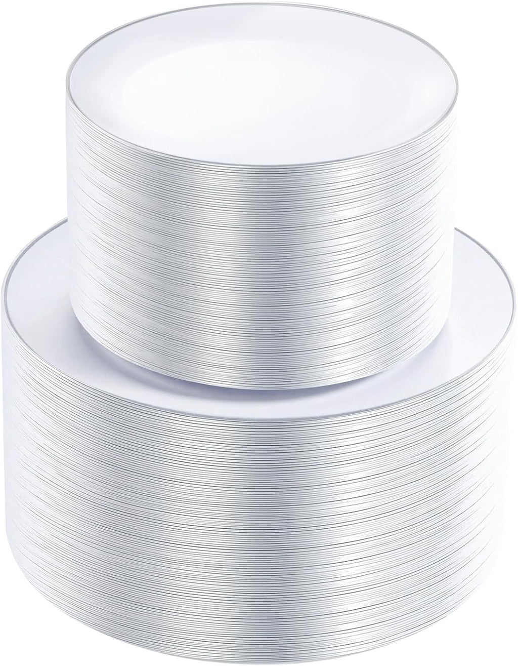 KIRE 200PCS Silver Plastic Plates - White Plastic Plates with Silver Rim Include 100 Dinner Plate and 100 for Dessert/Salad Plate for Birthday/Wedding/Party