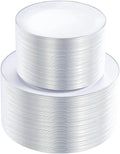 KIRE 200PCS Silver Plastic Plates - White Plastic Plates with Silver Rim Include 100 Dinner Plate and 100 for Dessert/Salad Plate for Birthday/Wedding/Party